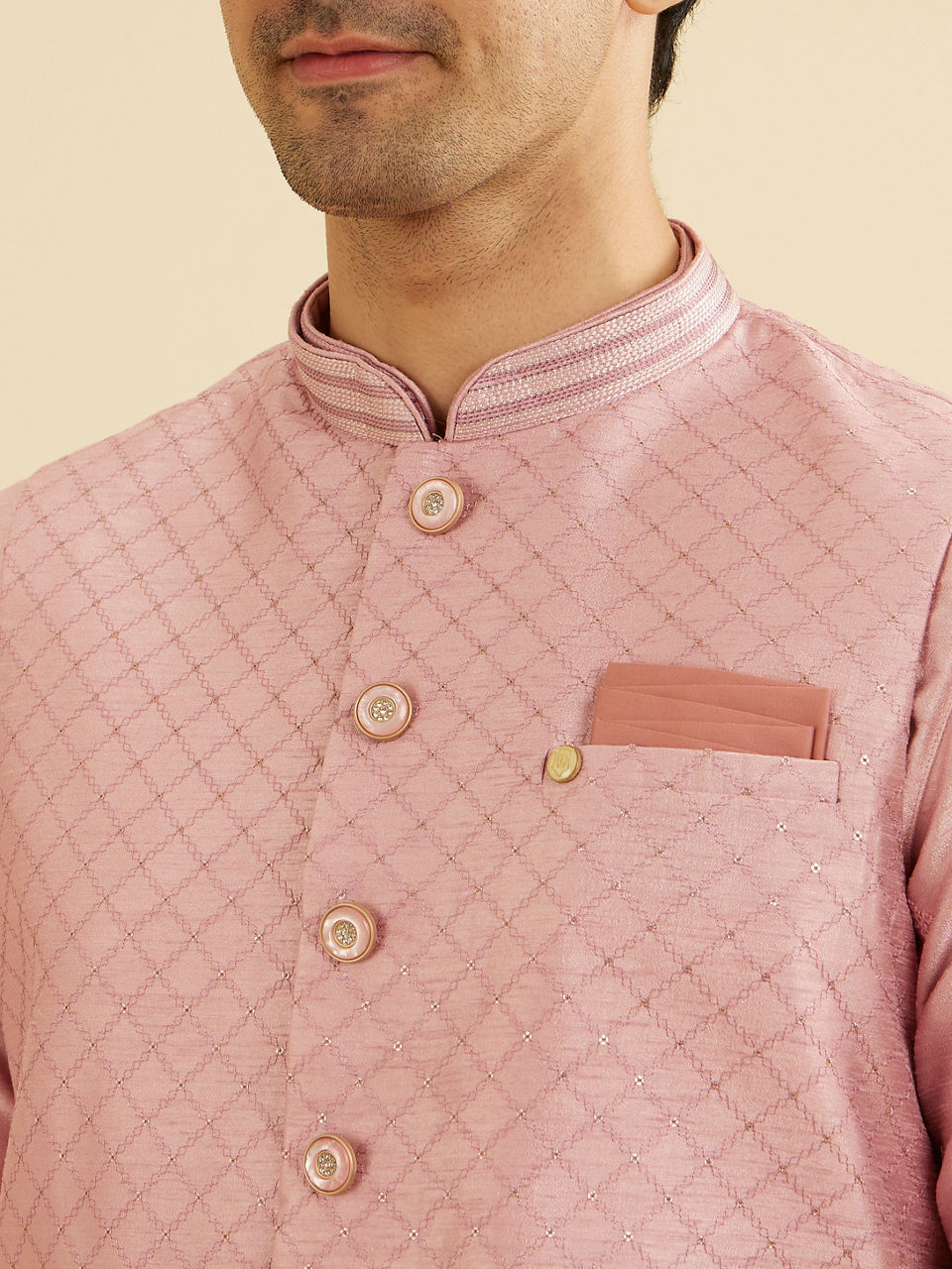 Manyavar Men Chic Dusty Pink Kurta Jacket Set