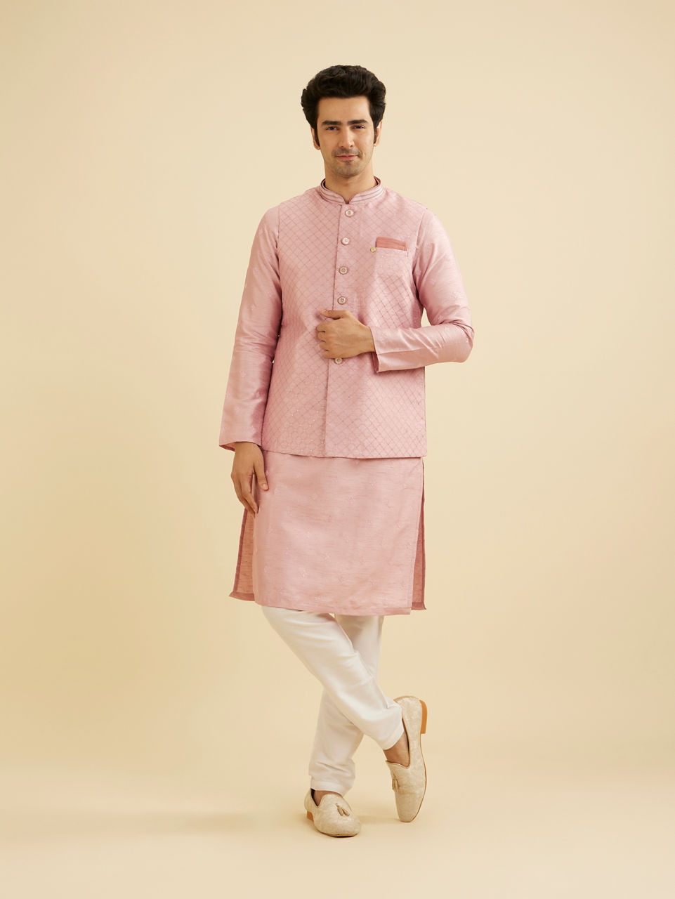 Manyavar Men Chic Dusty Pink Kurta Jacket Set