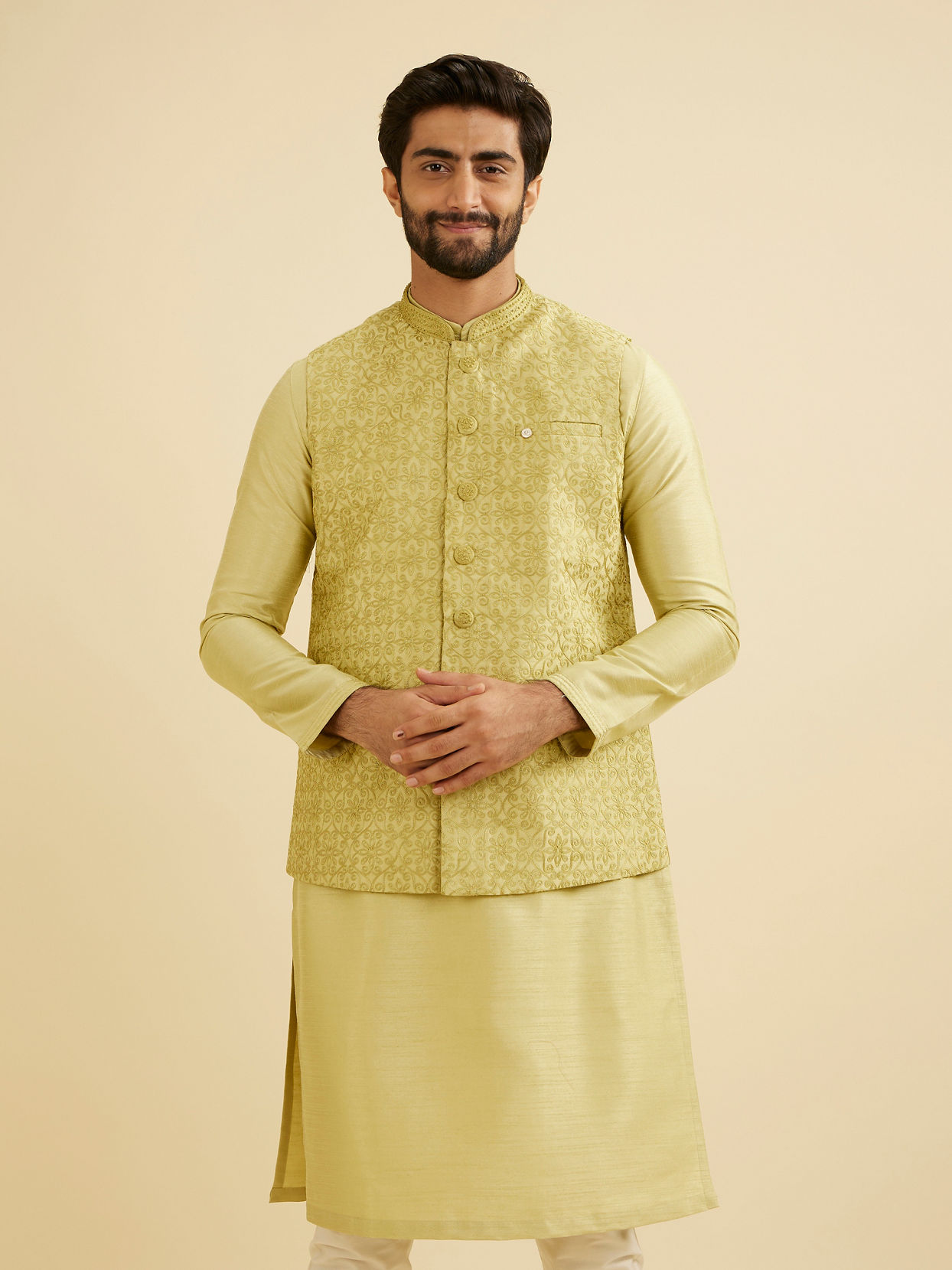 Manyavar Men Elegant Green Kurta Jacket Set