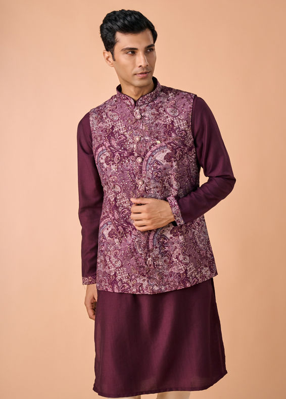 Manyavar Men Wine Majestic Kurta Jacket Set