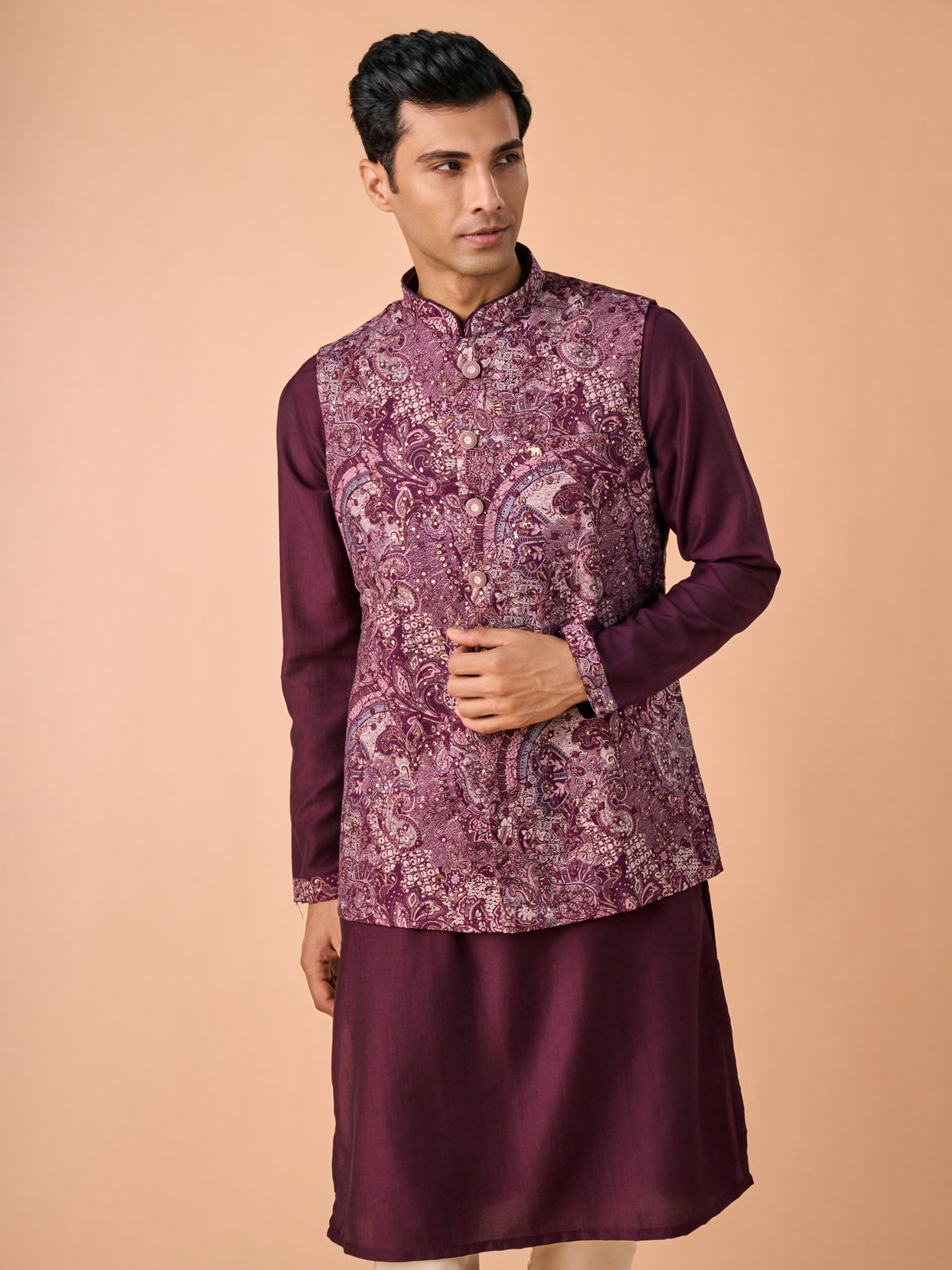 Manyavar Men Wine Majestic Kurta Jacket Set