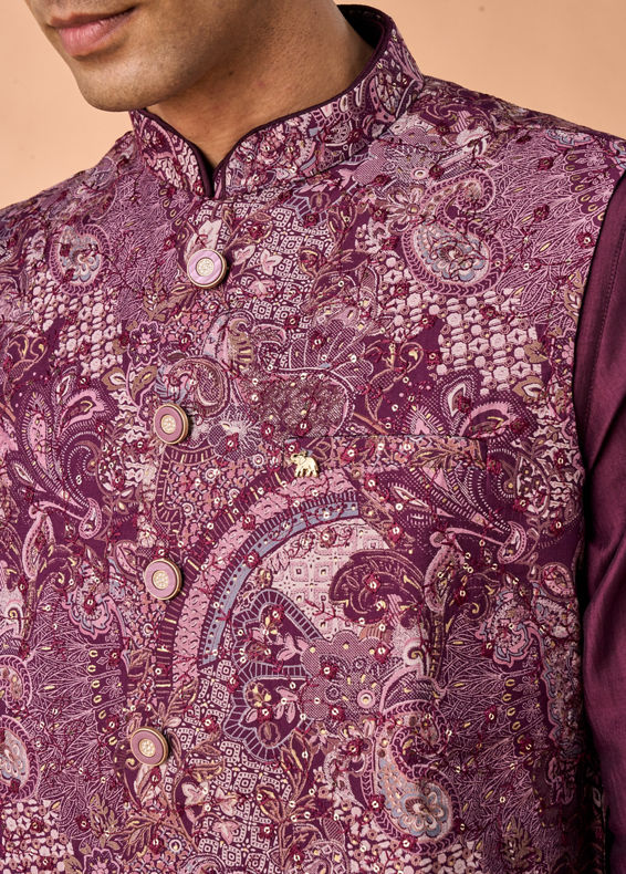 Manyavar Men Wine Majestic Kurta Jacket Set