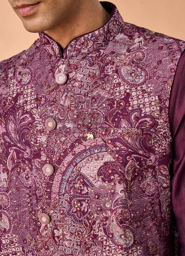 Manyavar Men Wine Majestic Kurta Jacket Set
