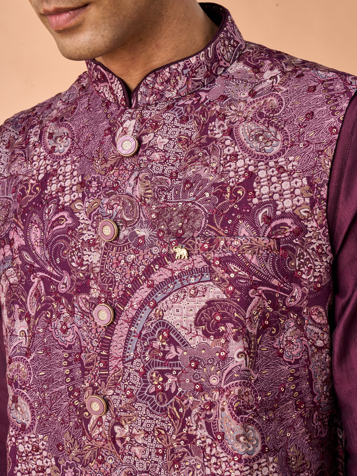 Manyavar Men Wine Majestic Kurta Jacket Set