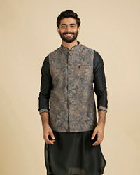 Manyavar Men Bottle Green Floral And Paisley Patterned Jacket Set