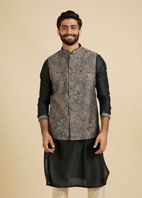 Manyavar Men Bottle Green Floral and Paisley Patterned Jacket Set image number 0