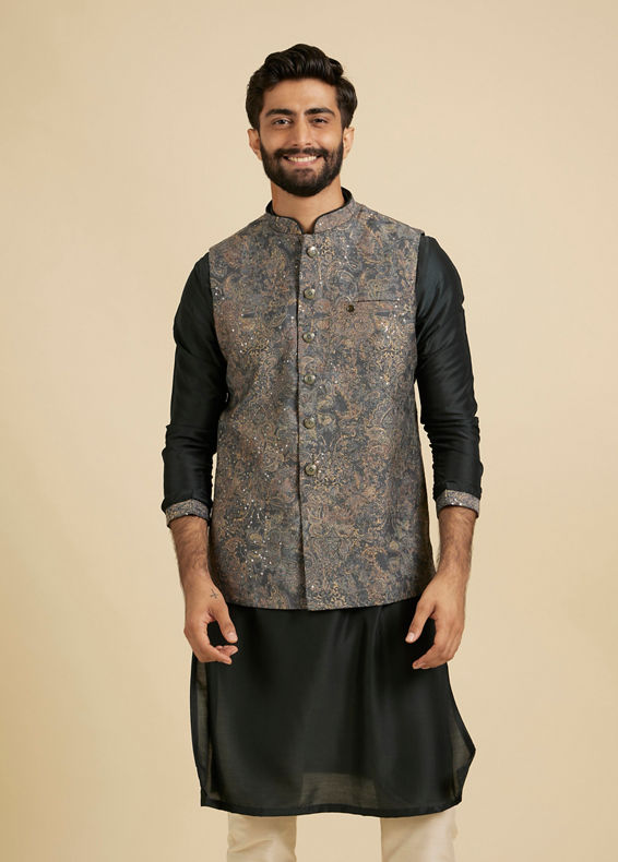 Manyavar Men Bottle Green Floral And Paisley Patterned Jacket Set