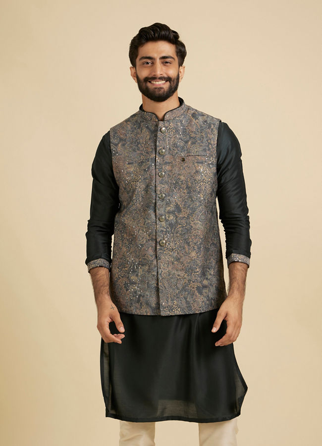 Manyavar Men Bottle Green Floral and Paisley Patterned Jacket Set image number 0