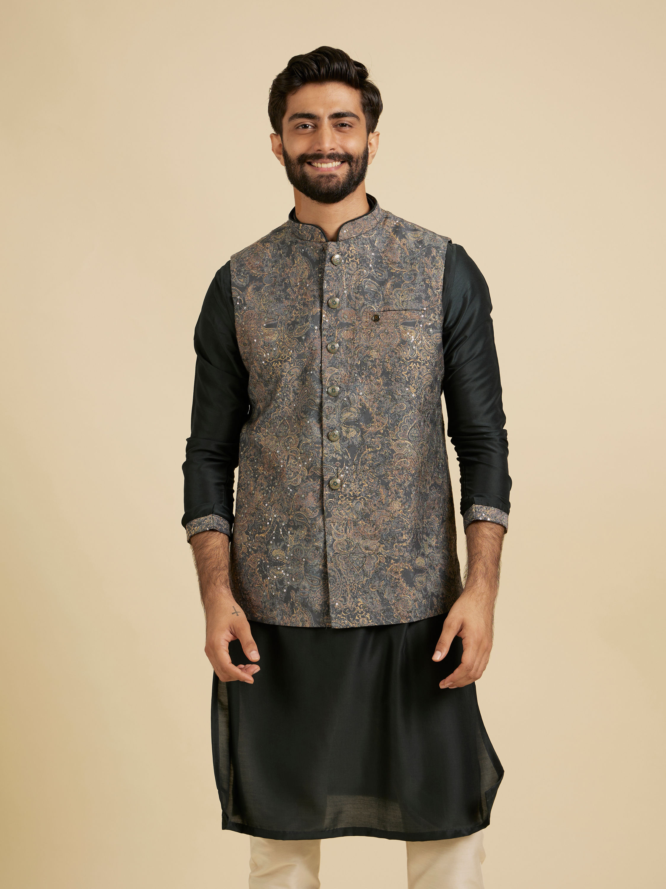 Manyavar Men Bottle Green Floral and Paisley Patterned Jacket Set