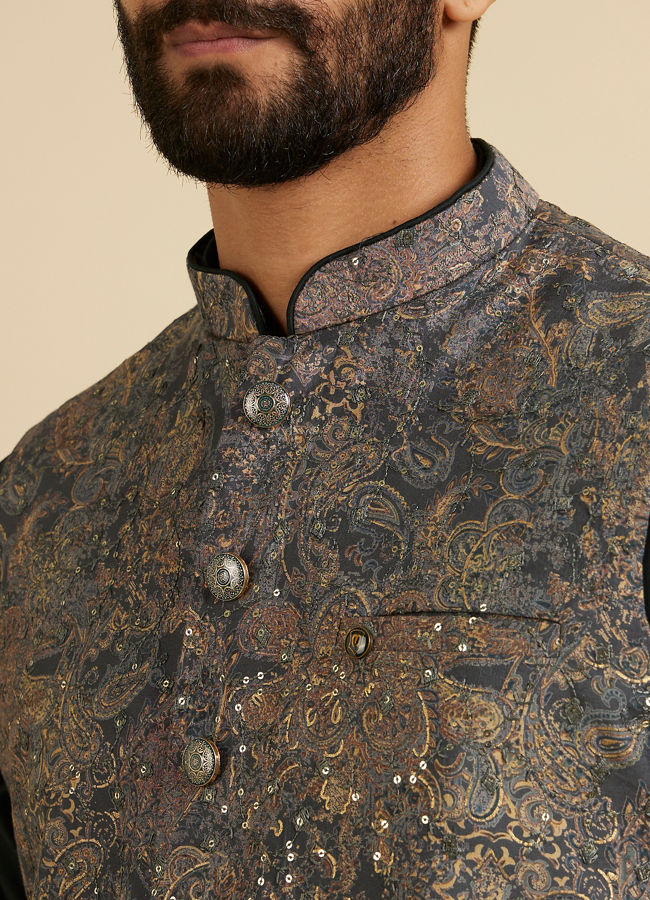 Manyavar Men Bottle Green Floral And Paisley Patterned Jacket Set