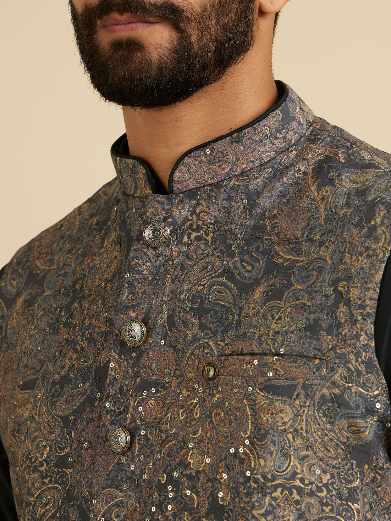 Manyavar Men Bottle Green Floral And Paisley Patterned Jacket Set