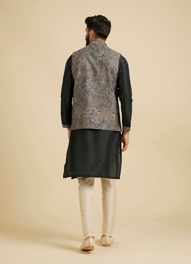 Manyavar Men Bottle Green Floral And Paisley Patterned Jacket Set