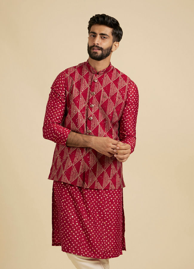 Manyavar Men Poppy Red Triangular Patterned Jacket Set with Sequin Work