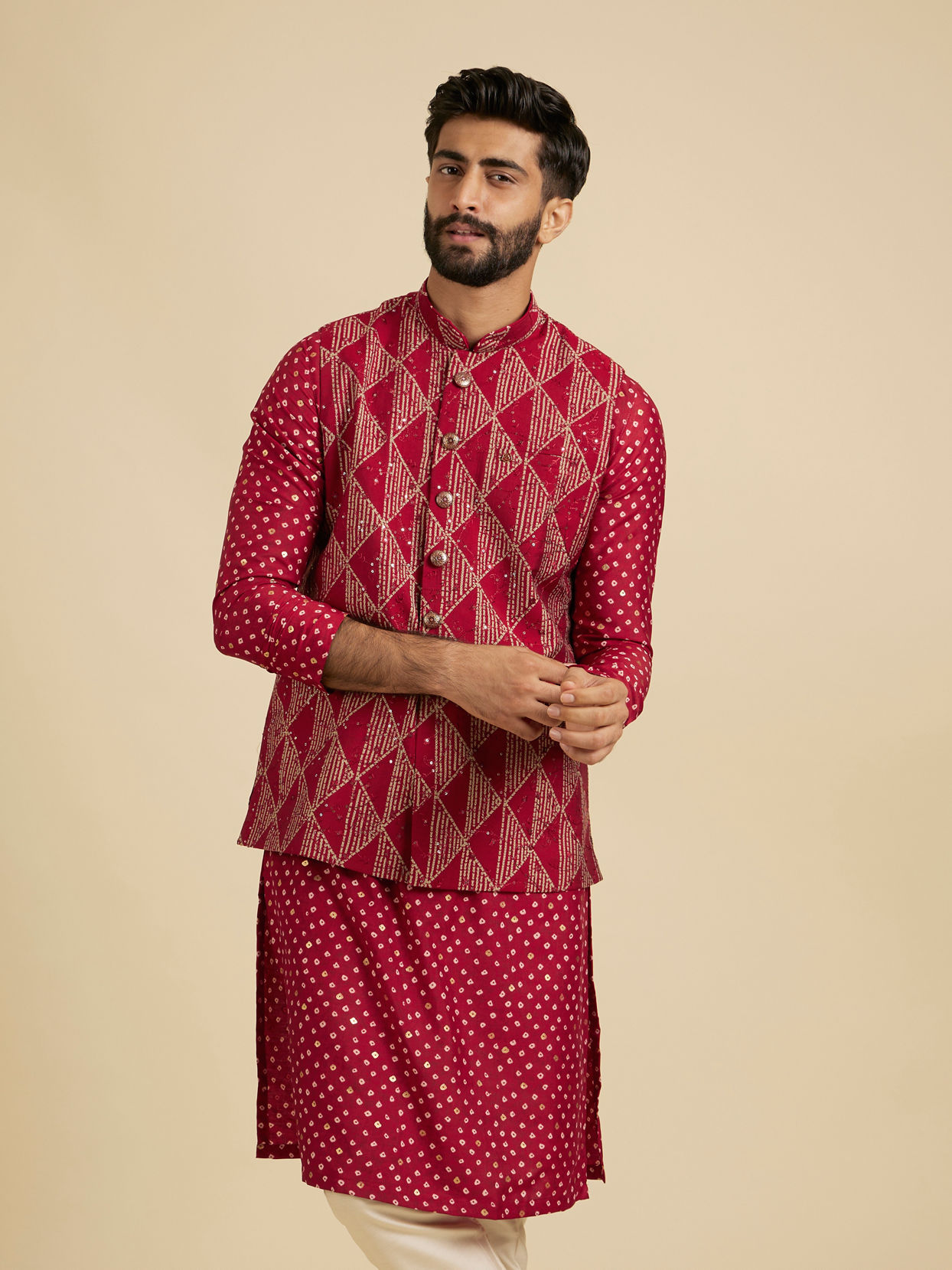 Manyavar Men Poppy Red Triangular Patterned Jacket Set with Sequin Work
