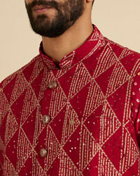 Manyavar Men Poppy Red Triangular Patterned Jacket Set with Sequin Work