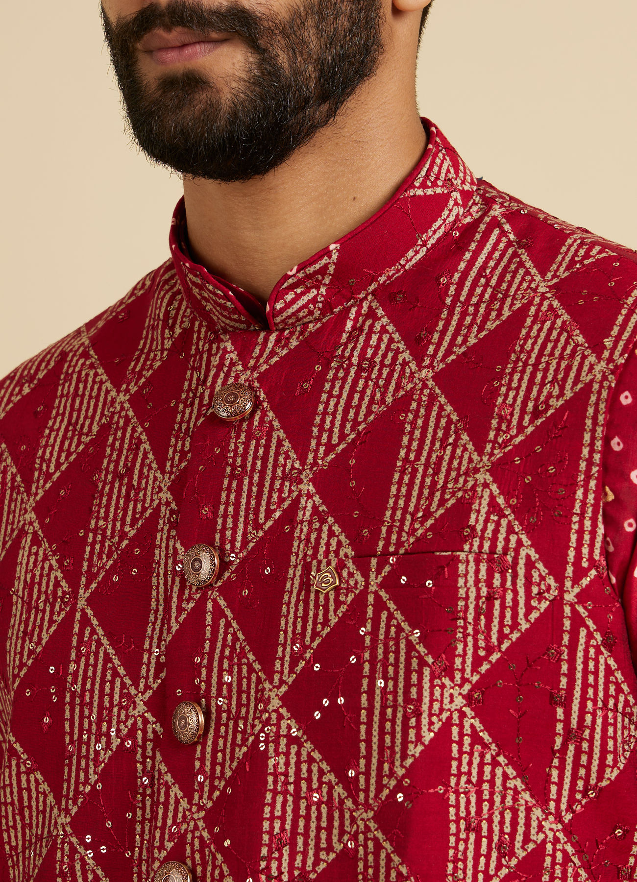 Manyavar Men Poppy Red Triangular Patterned Jacket Set with Sequin Work