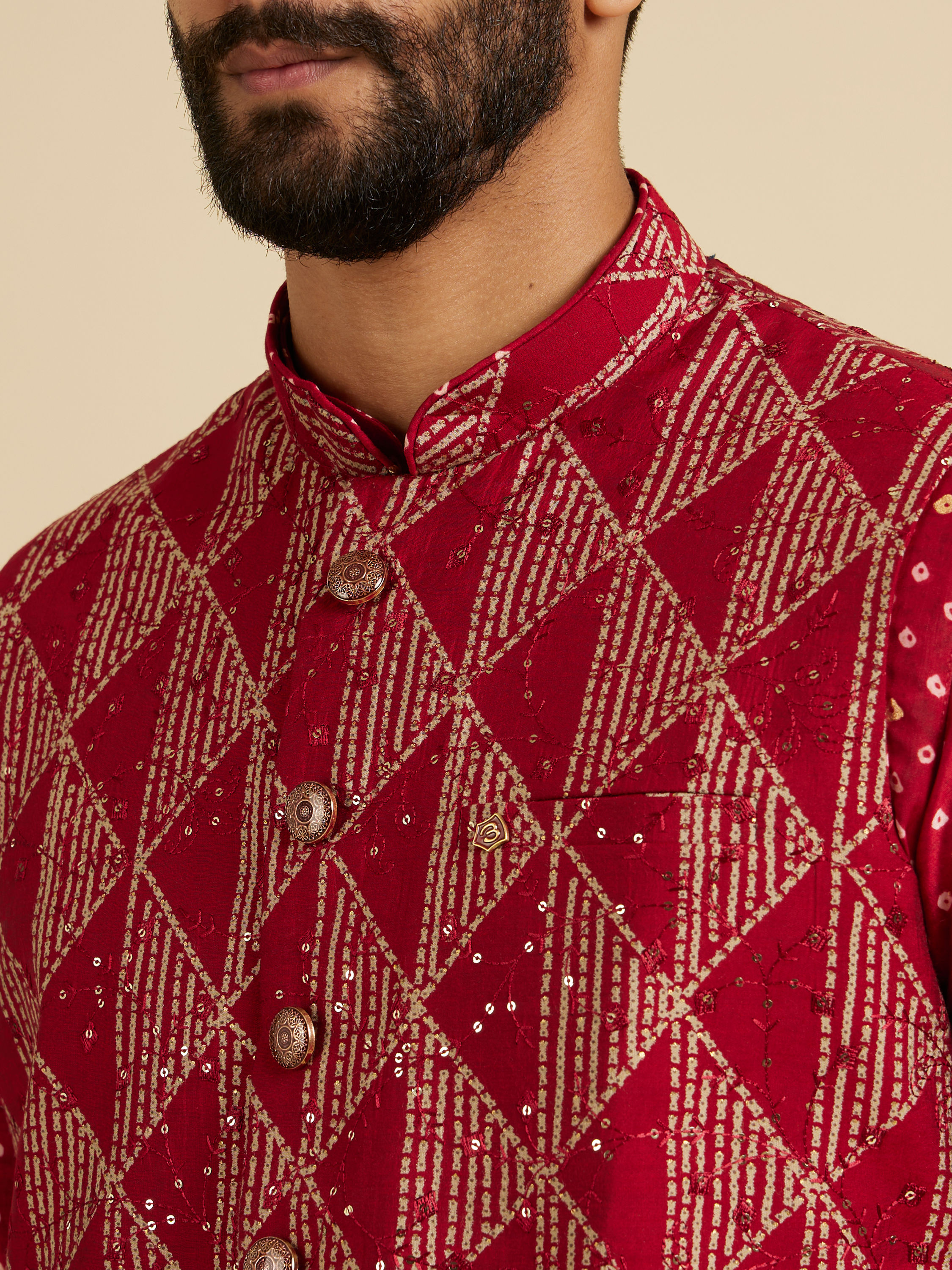 Manyavar Men Poppy Red Triangular Patterned Jacket Set with Sequin Work