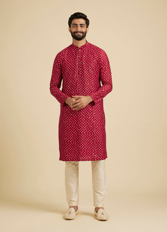 Manyavar Men Poppy Red Triangular Patterned Jacket Set with Sequin Work