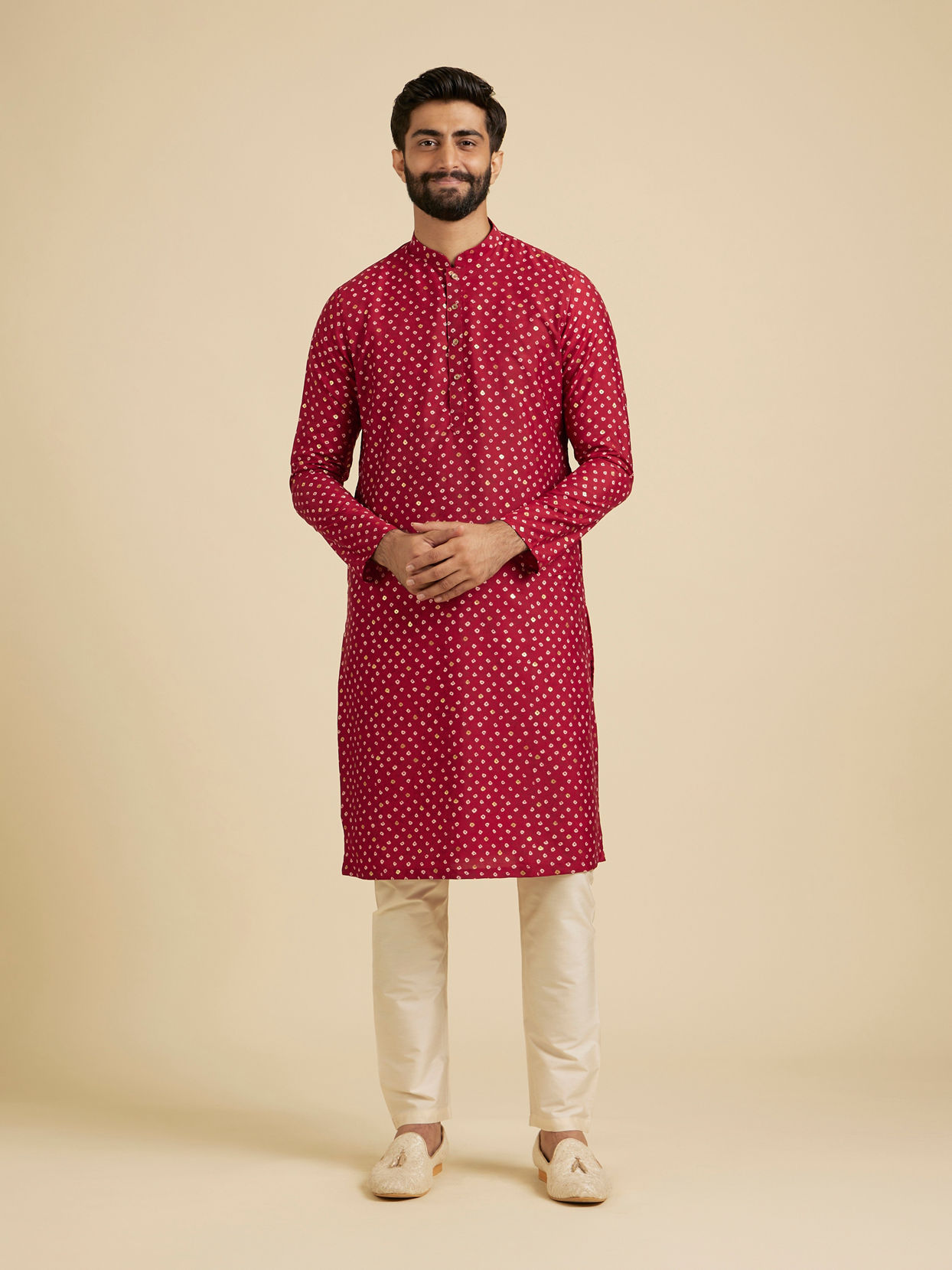 Manyavar Men Poppy Red Triangular Patterned Jacket Set with Sequin Work