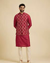 Manyavar Men Regal Red Celebration Kurta Jacket Set image number 3