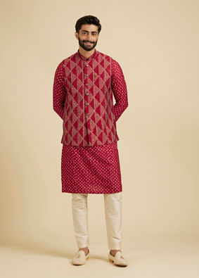 Manyavar Men Regal Red Celebration Kurta Jacket Set image number 3