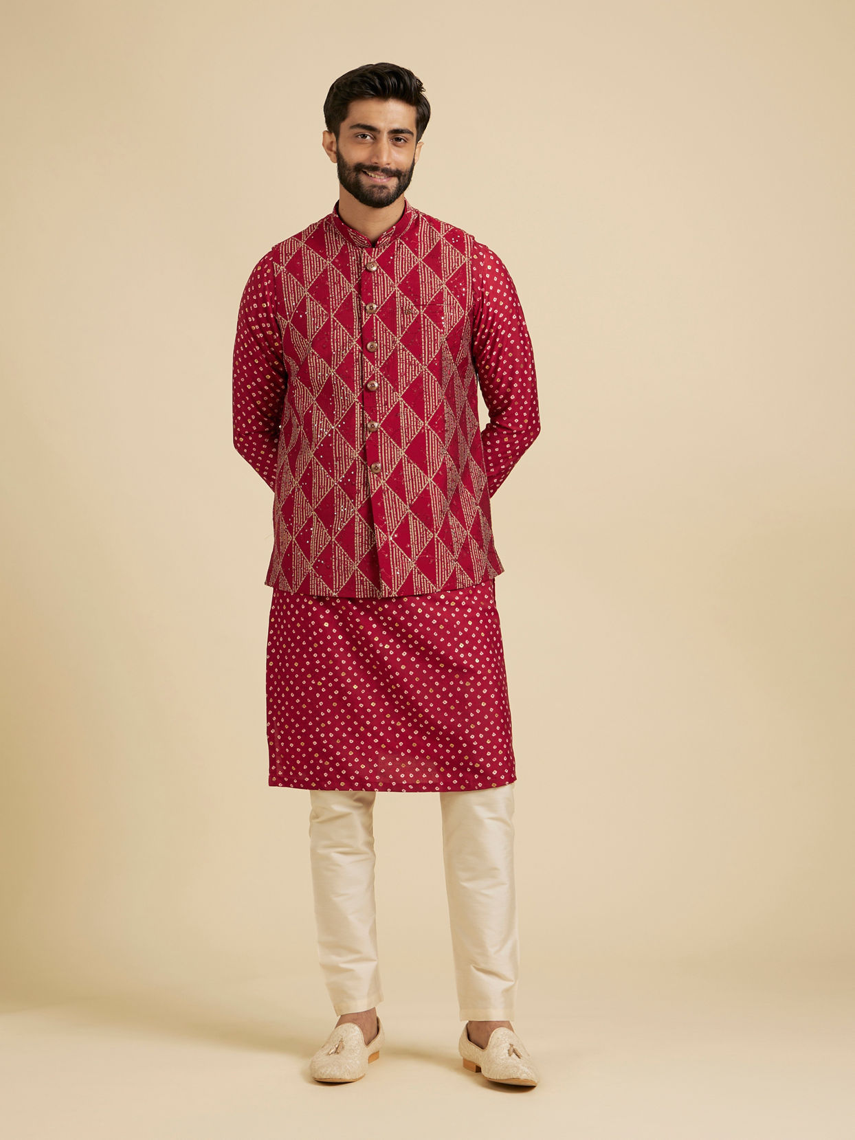 Manyavar Men Regal Red Celebration Kurta Jacket Set image number 3