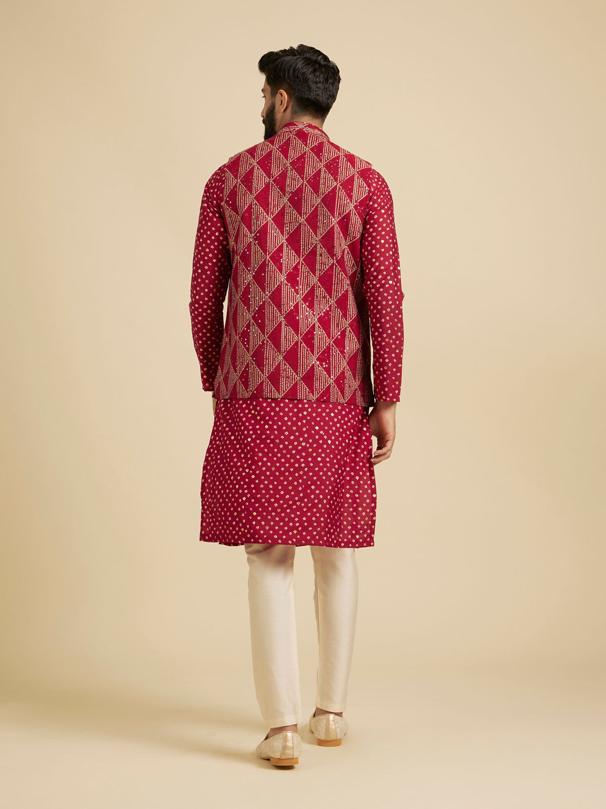 Manyavar Men Poppy Red Triangular Patterned Jacket Set with Sequin Work