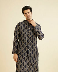 Manyavar Men Navy Blue Triangular Patterned Jacket Set with Sequin Work