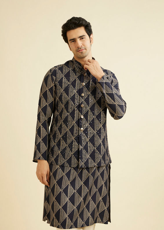 Manyavar Men Navy Blue Triangular Patterned Jacket Set with Sequin Work