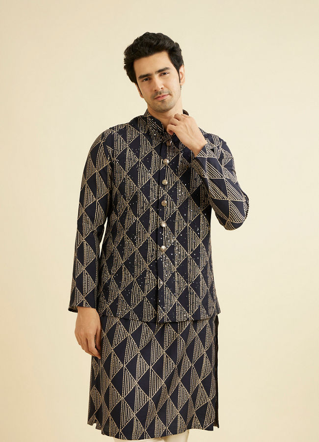 alt message - Manyavar Men Radiant Dark Blue Kurta Jacket Set image number 0