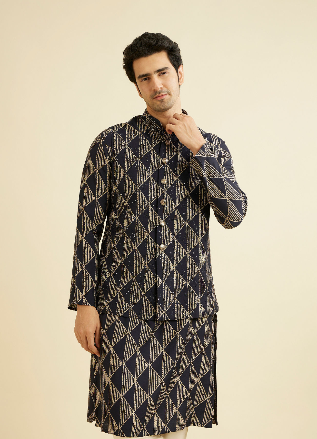Manyavar Men Navy Blue Triangular Patterned Jacket Set with Sequin Work