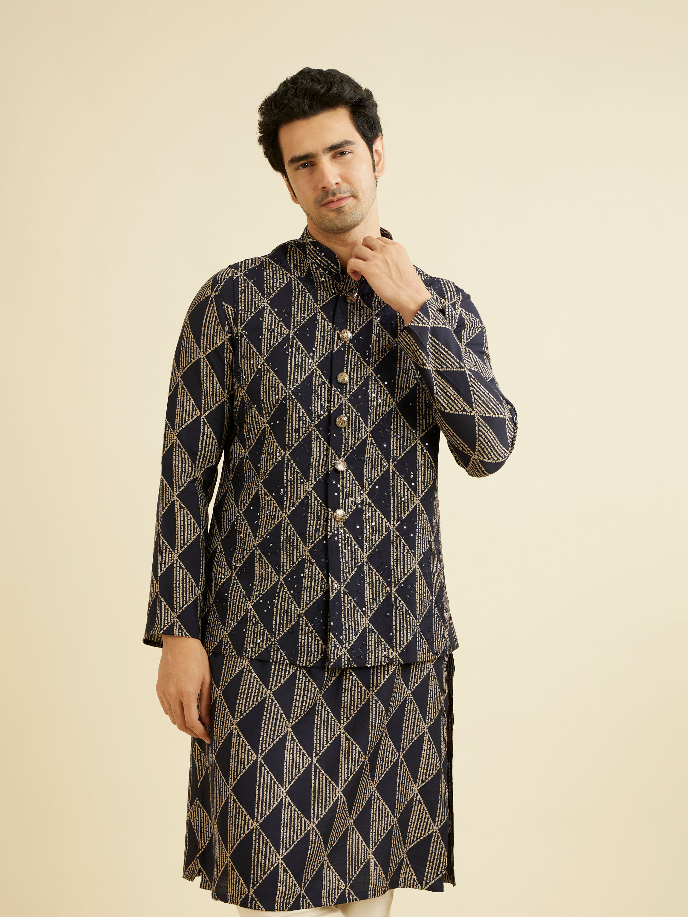 Manyavar Men Navy Blue Triangular Patterned Jacket Set with Sequin Work