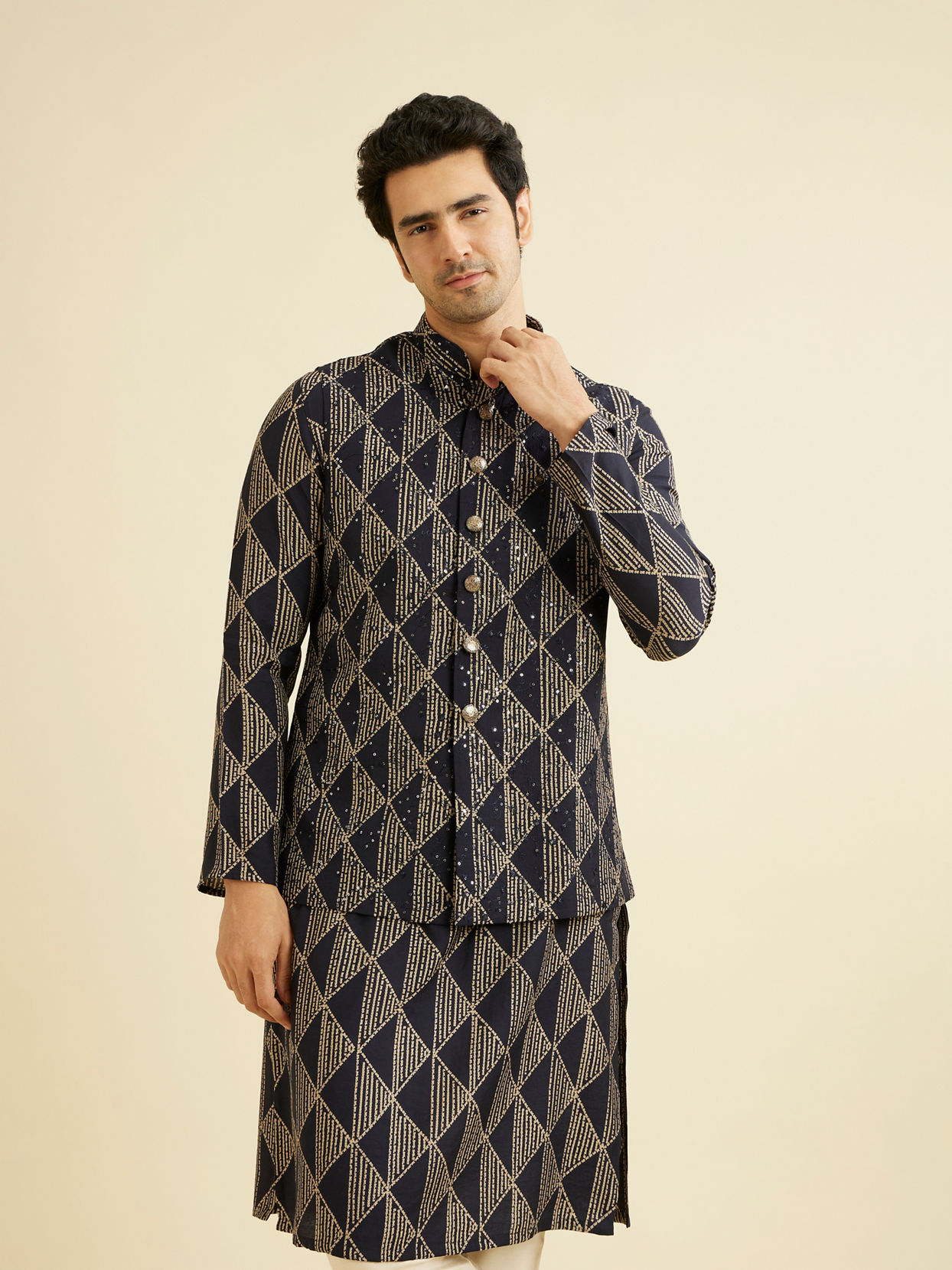 alt message - Manyavar Men Radiant Dark Blue Kurta Jacket Set image number 0