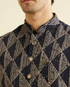 alt message - Manyavar Men Radiant Dark Blue Kurta Jacket Set image number 1