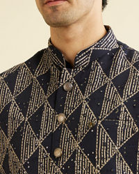 Manyavar Men Navy Blue Triangular Patterned Jacket Set with Sequin Work
