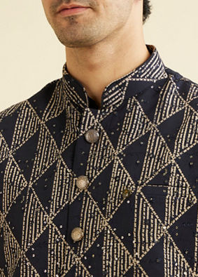 alt message - Manyavar Men Radiant Dark Blue Kurta Jacket Set image number 1