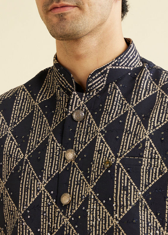Manyavar Men Navy Blue Triangular Patterned Jacket Set with Sequin Work