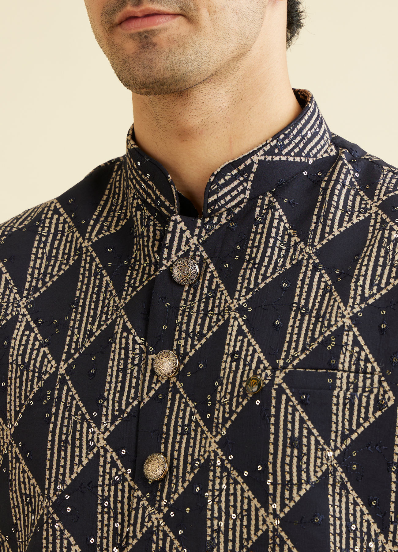 Manyavar Men Navy Blue Triangular Patterned Jacket Set with Sequin Work