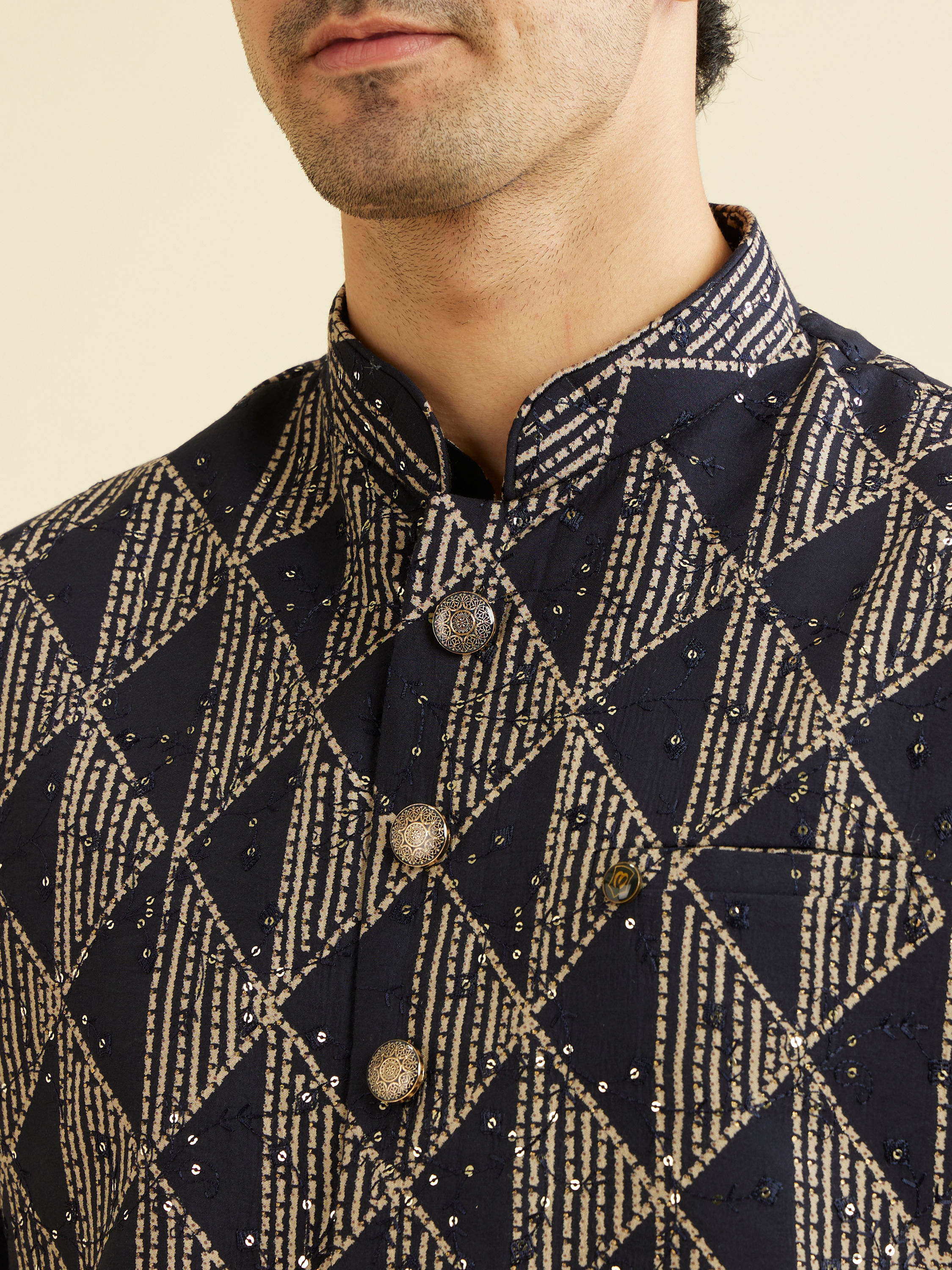 Manyavar Men Navy Blue Triangular Patterned Jacket Set with Sequin Work