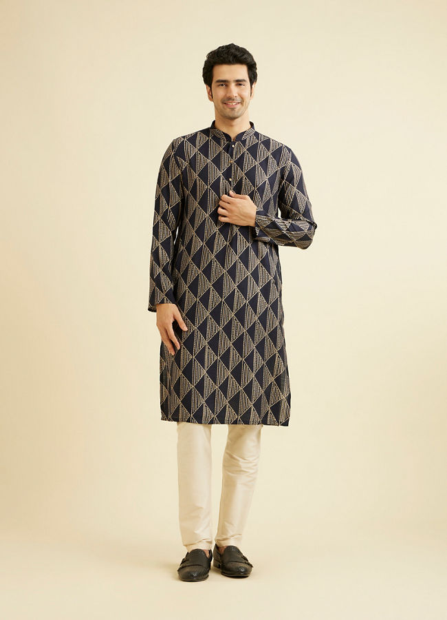 Manyavar Men Navy Blue Triangular Patterned Jacket Set with Sequin Work