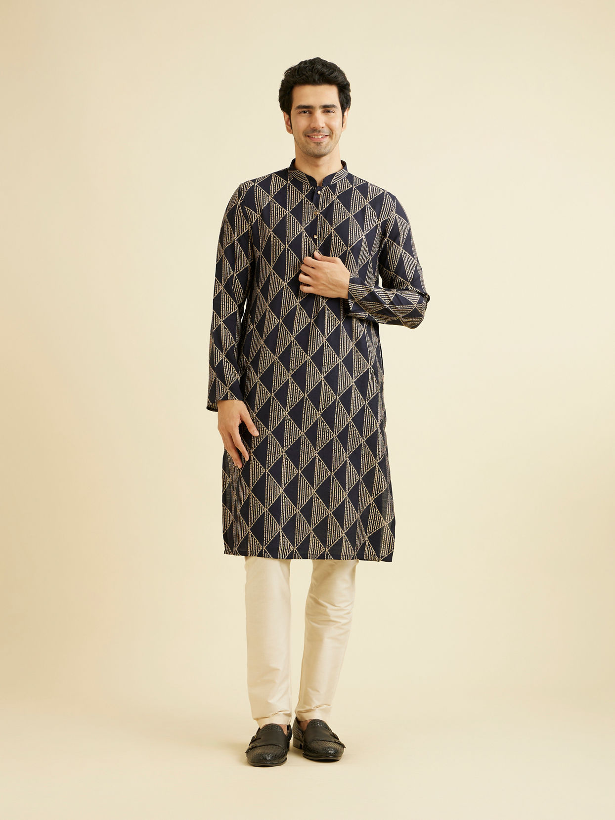Manyavar Men Navy Blue Triangular Patterned Jacket Set with Sequin Work