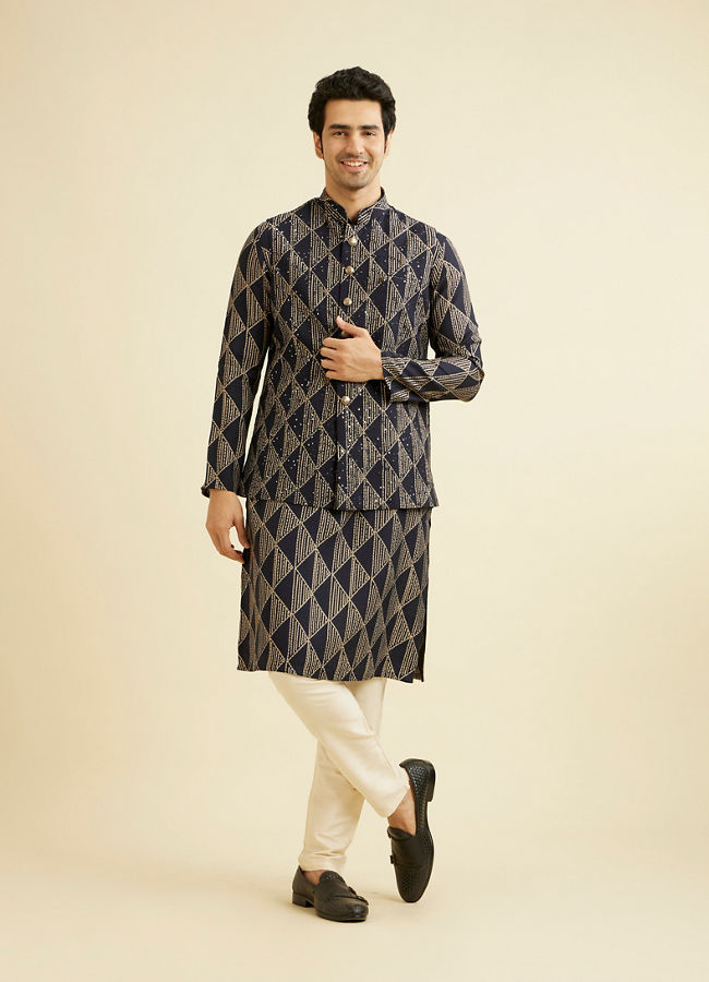 Manyavar Men Navy Blue Triangular Patterned Jacket Set with Sequin Work