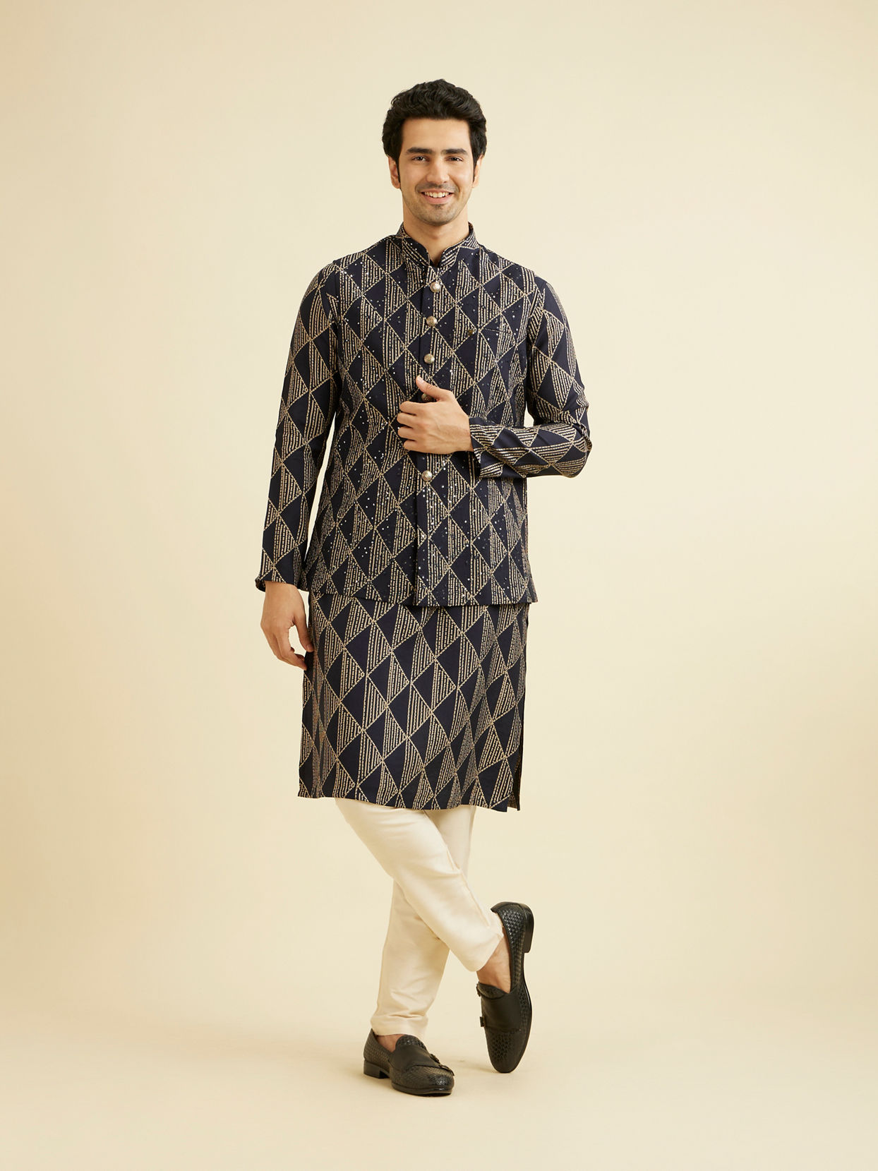 Manyavar Men Navy Blue Triangular Patterned Jacket Set with Sequin Work