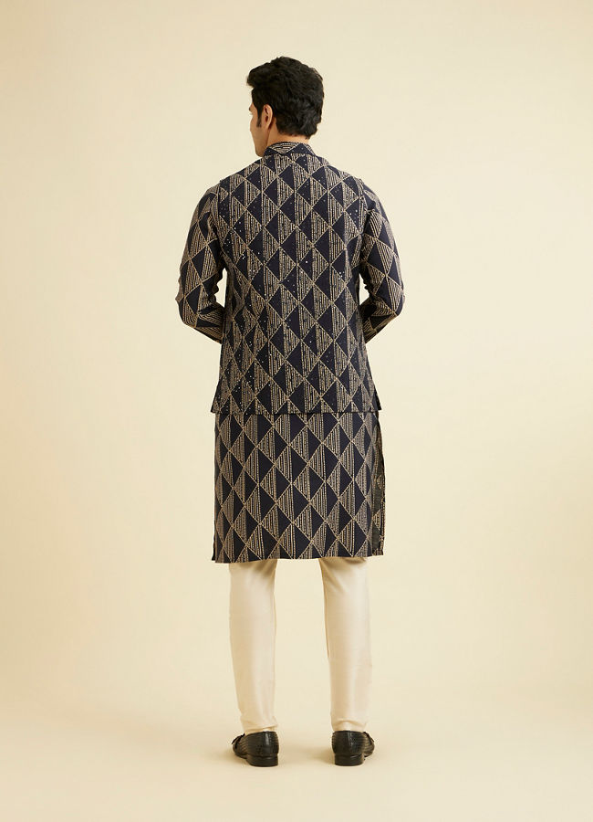 Manyavar Men Navy Blue Triangular Patterned Jacket Set with Sequin Work
