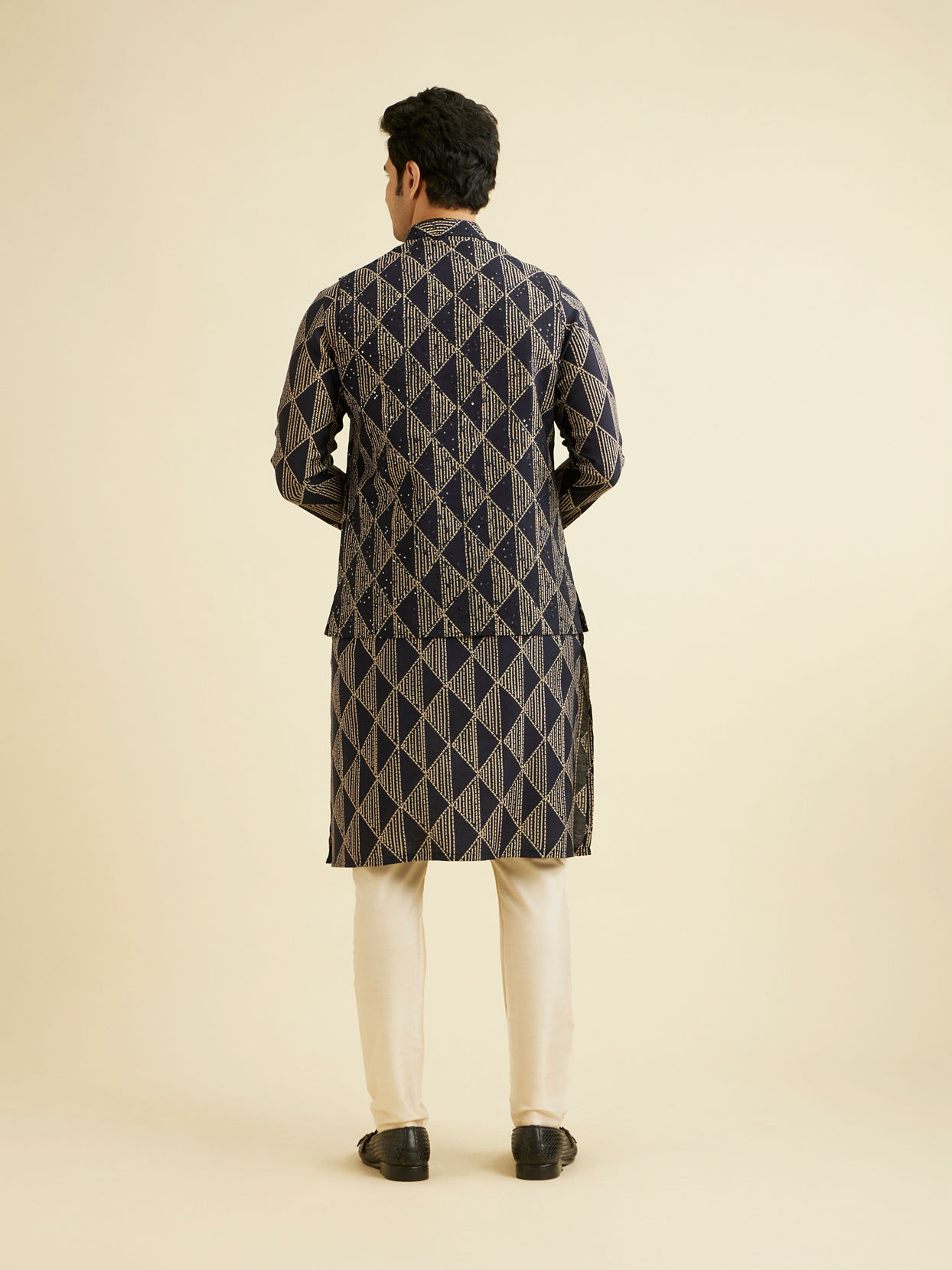 Manyavar Men Navy Blue Triangular Patterned Jacket Set with Sequin Work