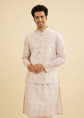 Manyavar Men Soft Peach Jaal Medallion Patterned Jacket Set image number 0