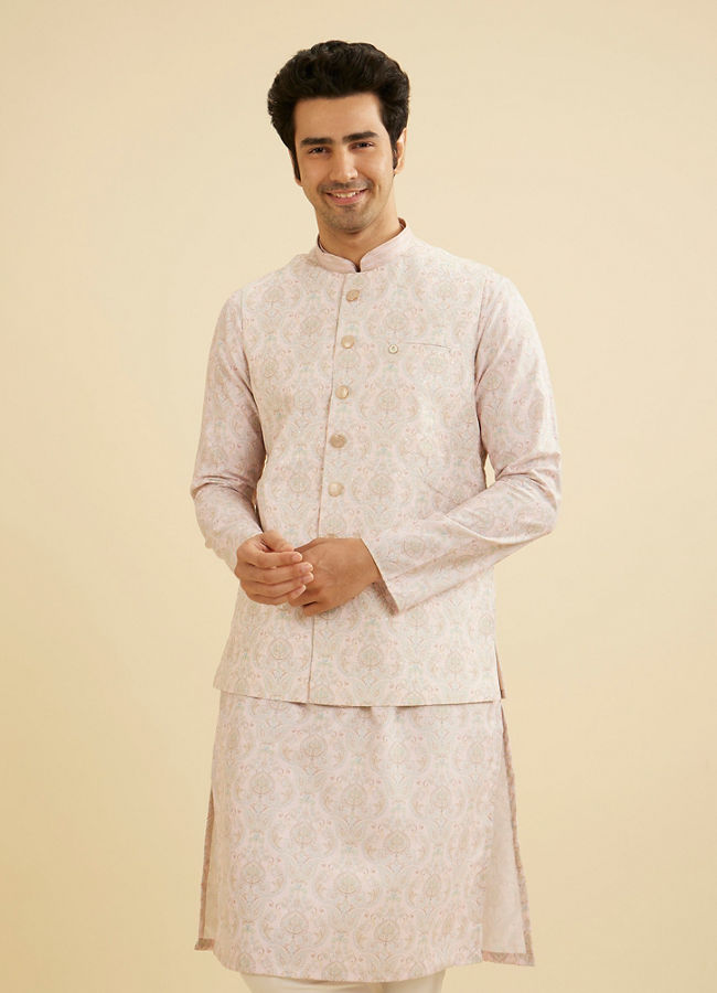 Manyavar Men Soft Peach Jaal Medallion Patterned Jacket Set image number 0