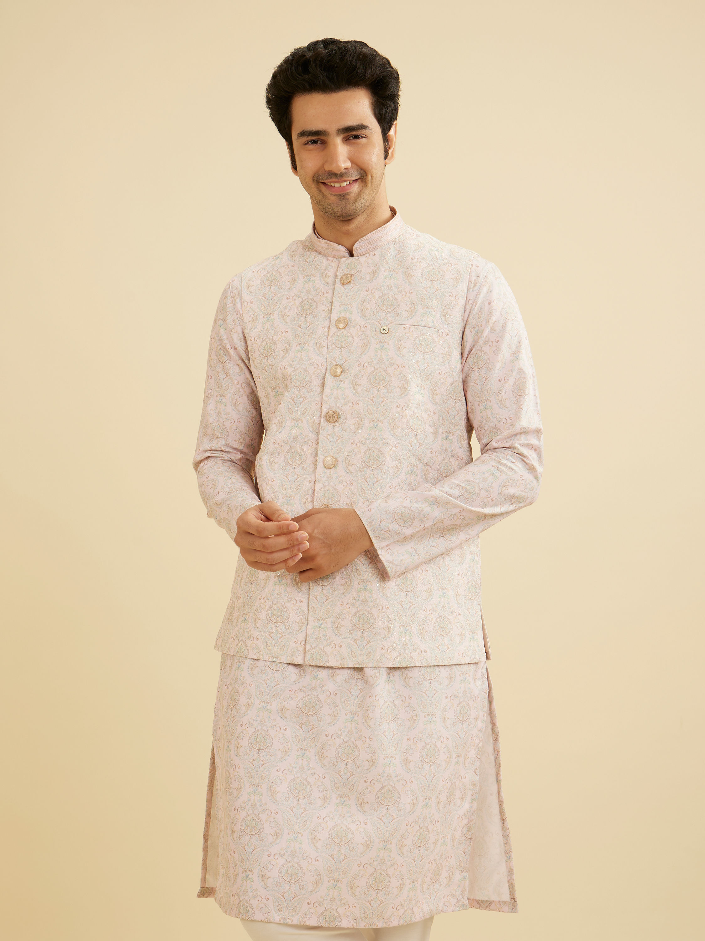 Manyavar Men Soft Peach Jaal Medallion Patterned Jacket Set