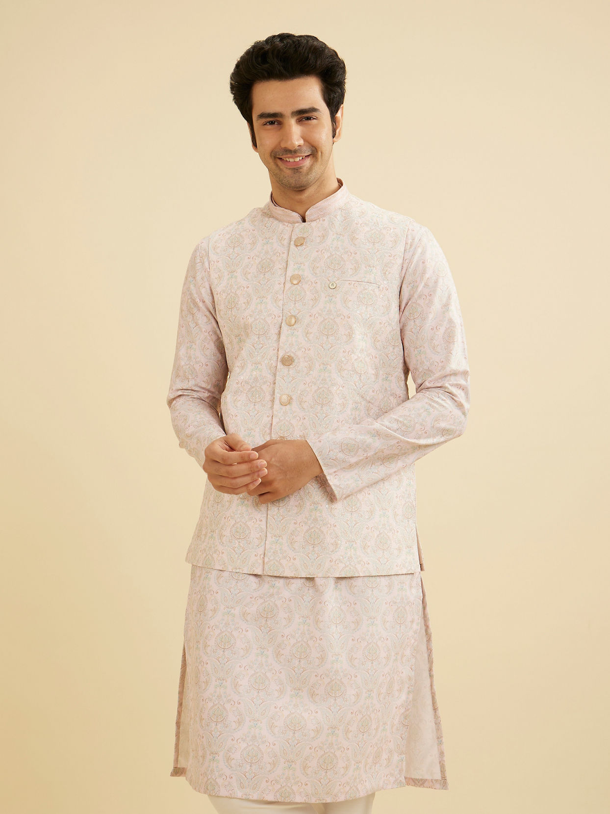 Manyavar Men Soft Peach Jaal Medallion Patterned Jacket Set image number 0