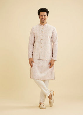 Manyavar Men Soft Peach Jaal Medallion Patterned Jacket Set image number 2